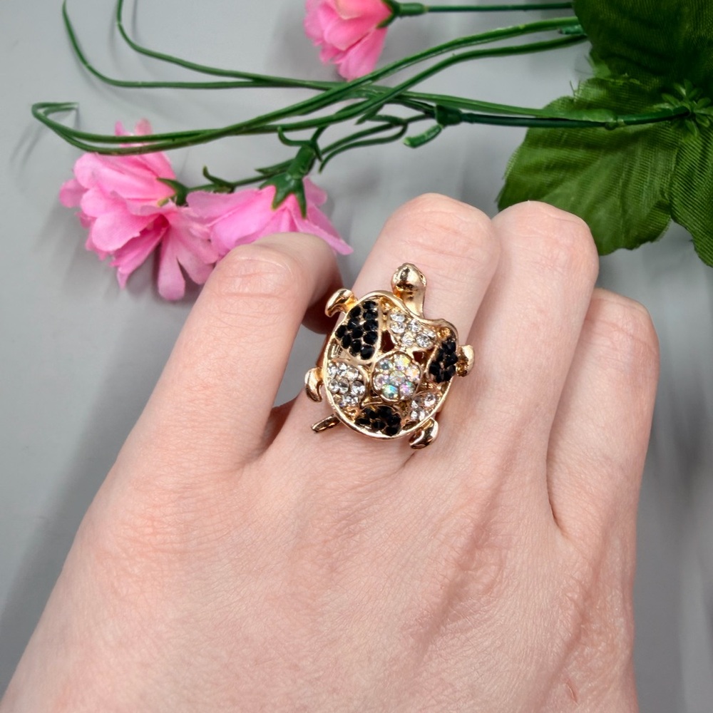 Gold Turtle Cocktail Ring with Black and Clear Crystals with Aurora Borealis